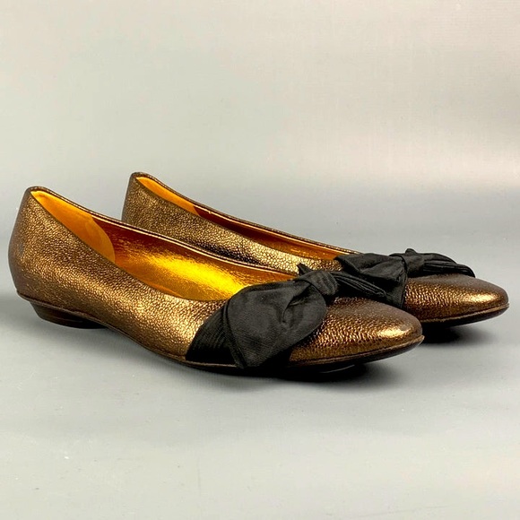 SALVATORE FERRAGAMO Size 6.5 Gold & Black Leather Silk Bow Ballet Flats - Picture 1 of 8